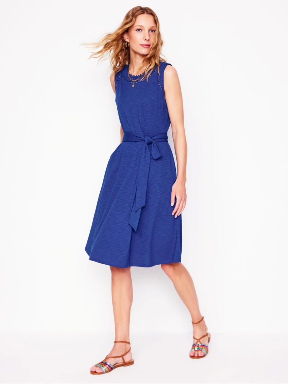Boden Mila Trim Jersey Dress Blue Sleeveless Tie Waist Fit & Flare US 0
